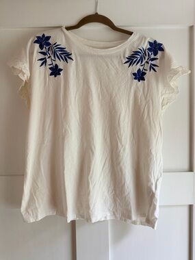 Springfield White Short Sleeve Top with Blue Floral Embroidery